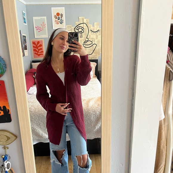 Women's Burgundy Sweater Cardigan - Picture 3 of 3